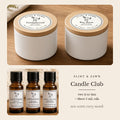 Flint & Fawn Candle Club box: two 4 oz tins and three 5 mL essential oils