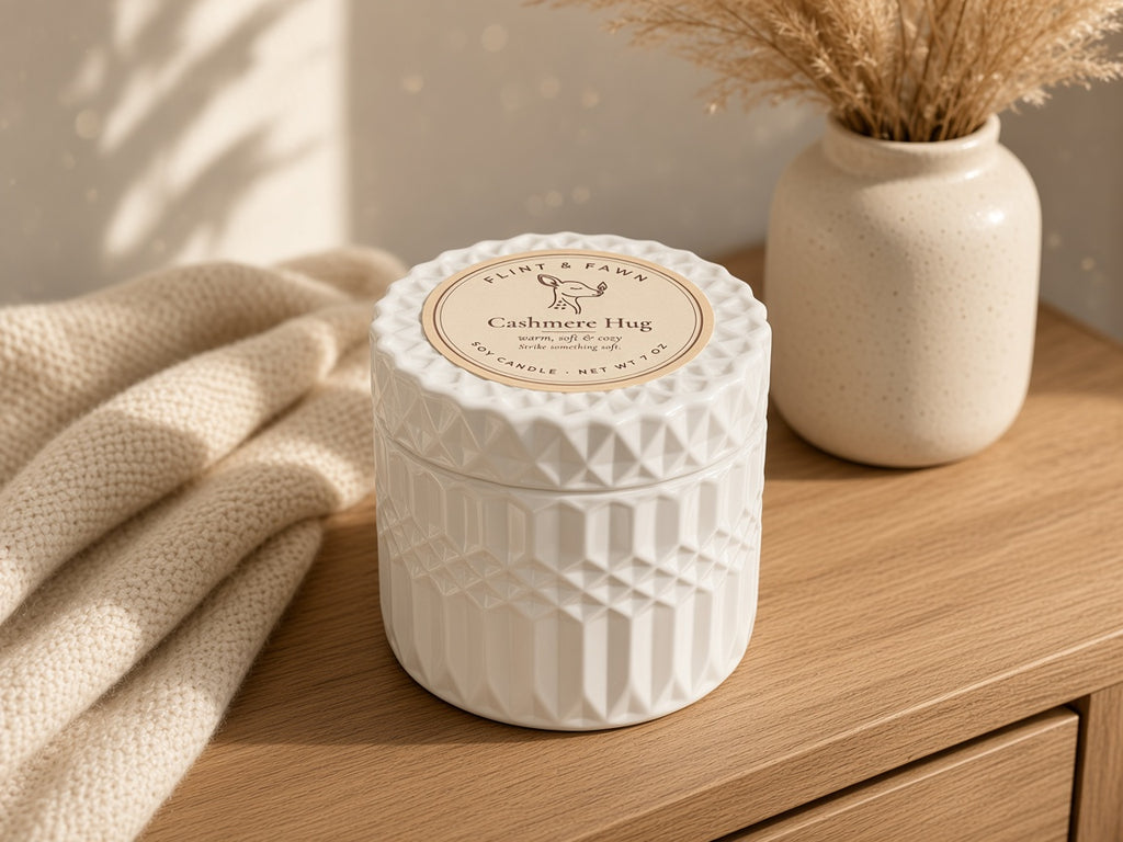 Cashmere Hug soy candle 7 oz white faceted jar, Flint & Fawn