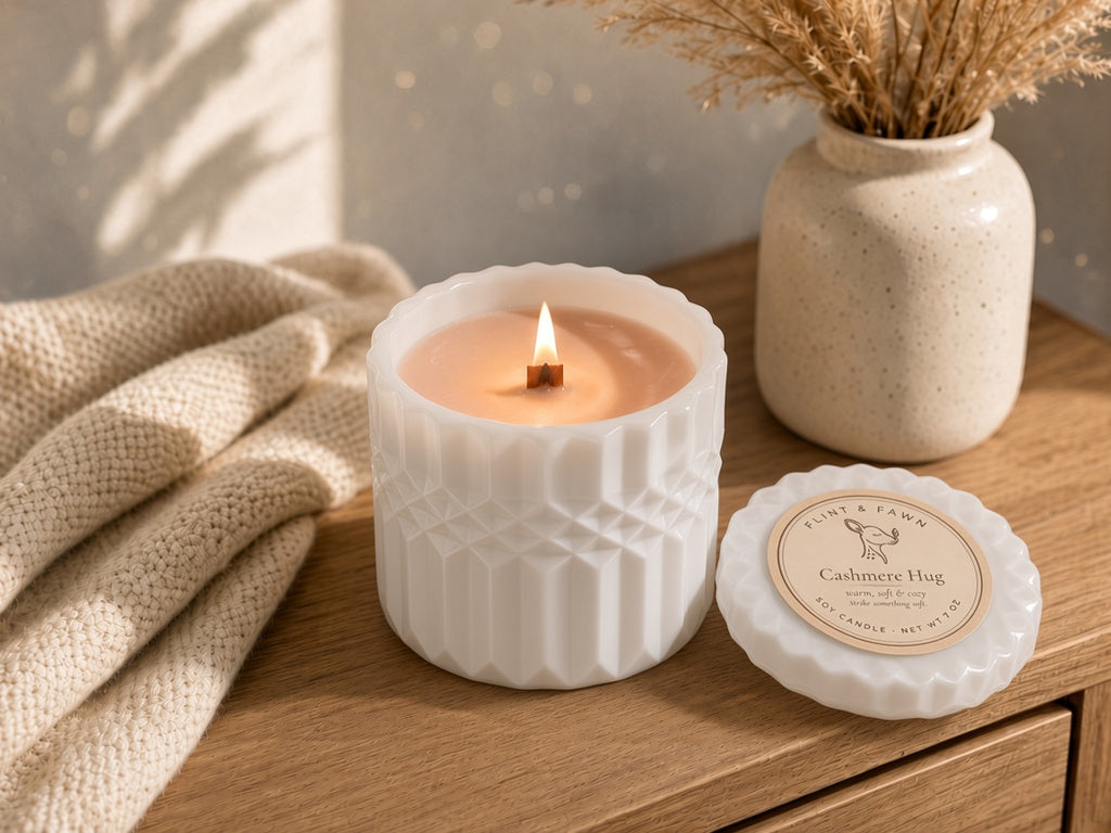 Cashmere Hug soy candle 7 oz white faceted jar, Flint & Fawn