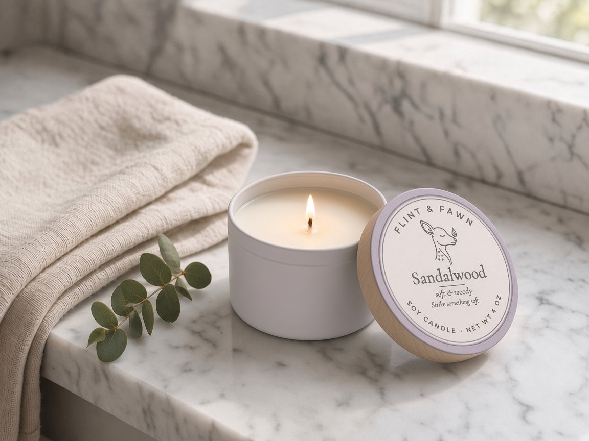 Sandalwood soy candle 4 oz tin, lit with lid off, Flint & Fawn