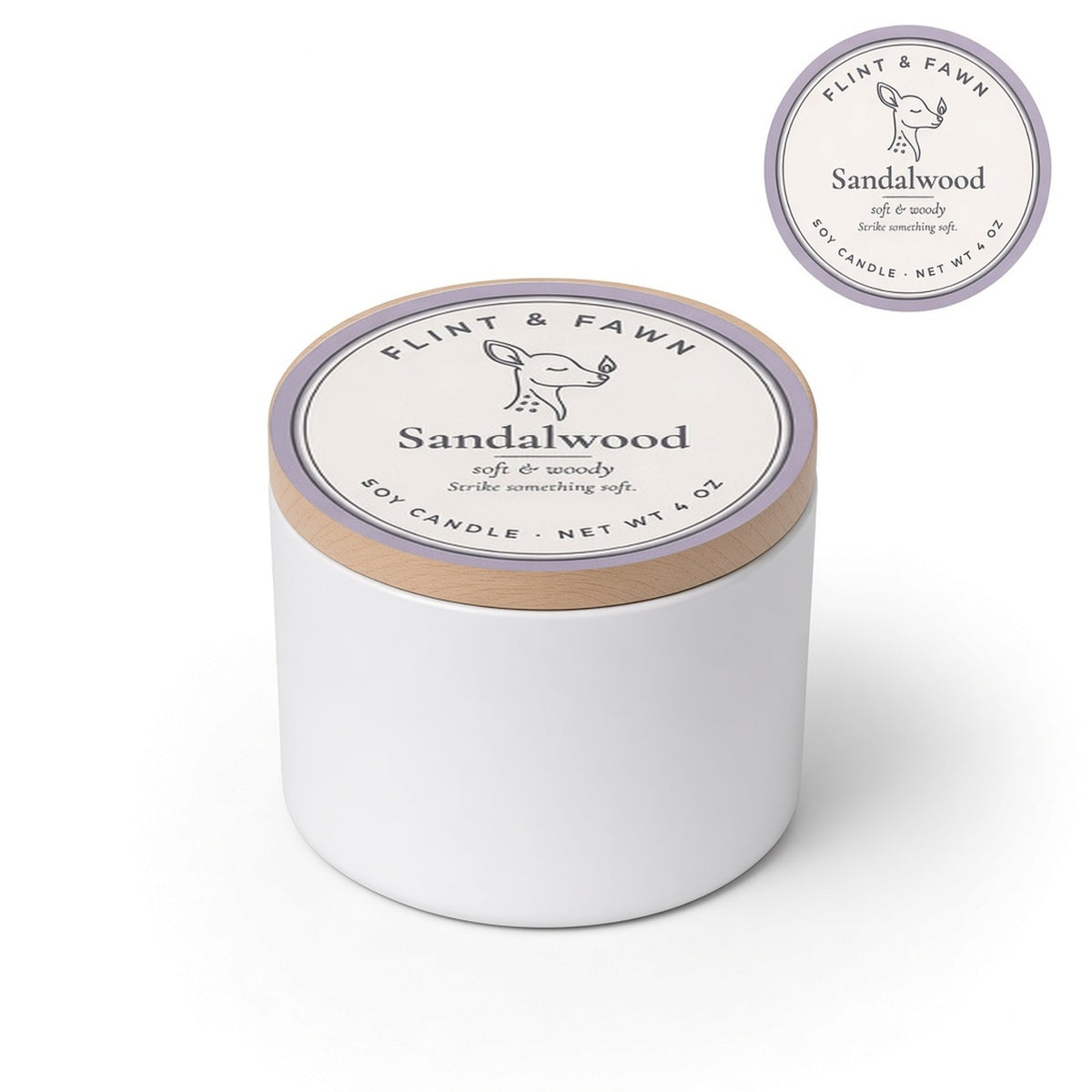 Sandalwood soy candle 4 oz tin, Flint & Fawn